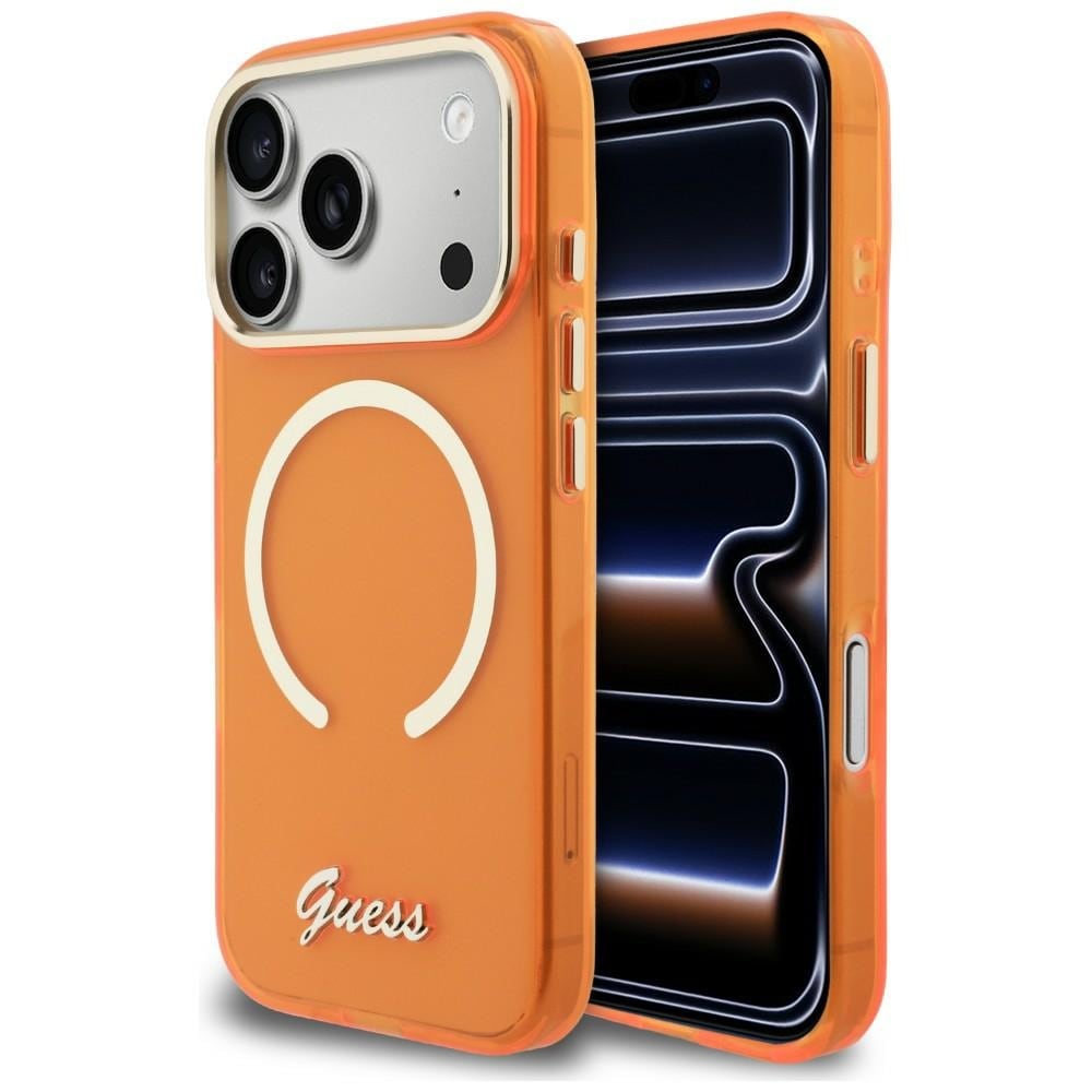 Guess IML Script MagSafe-fodral i metall för iPhone 17 Pro - Orange