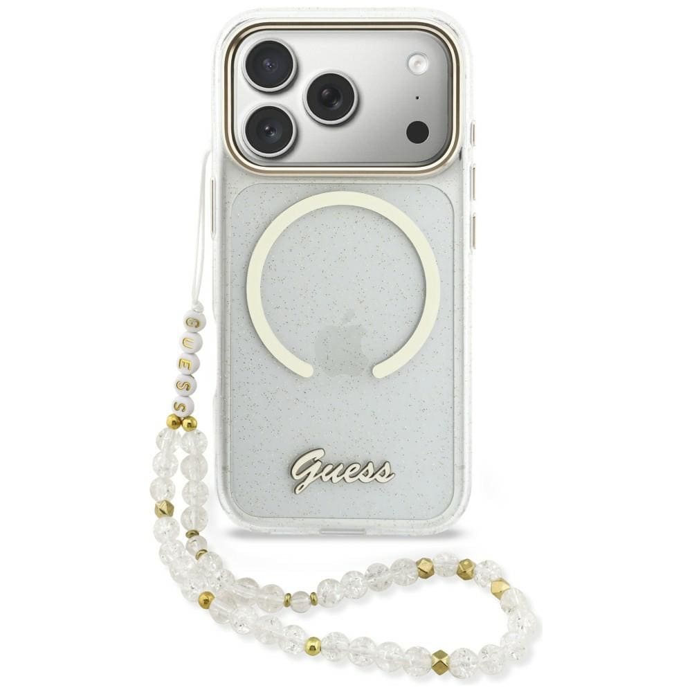 Guess IML Glitters Script Strap MagSafe-fodral för iPhone 17 Pro - Klar