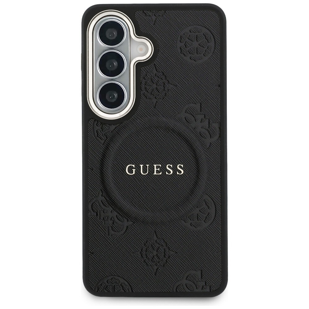 Guess Saffiano Peony Embossed Ring MagSafe-fodral för Samsung Galaxy S26 - svart