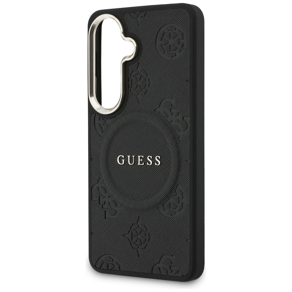 Guess Saffiano Peony Embossed Ring MagSafe-fodral för Samsung Galaxy S26 - svart