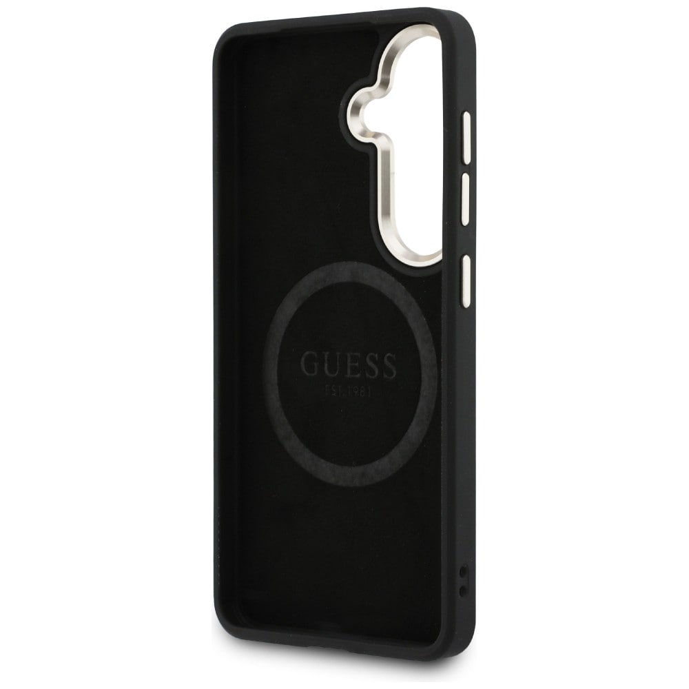 Guess Saffiano Peony Embossed Ring MagSafe-fodral för Samsung Galaxy S26 - svart