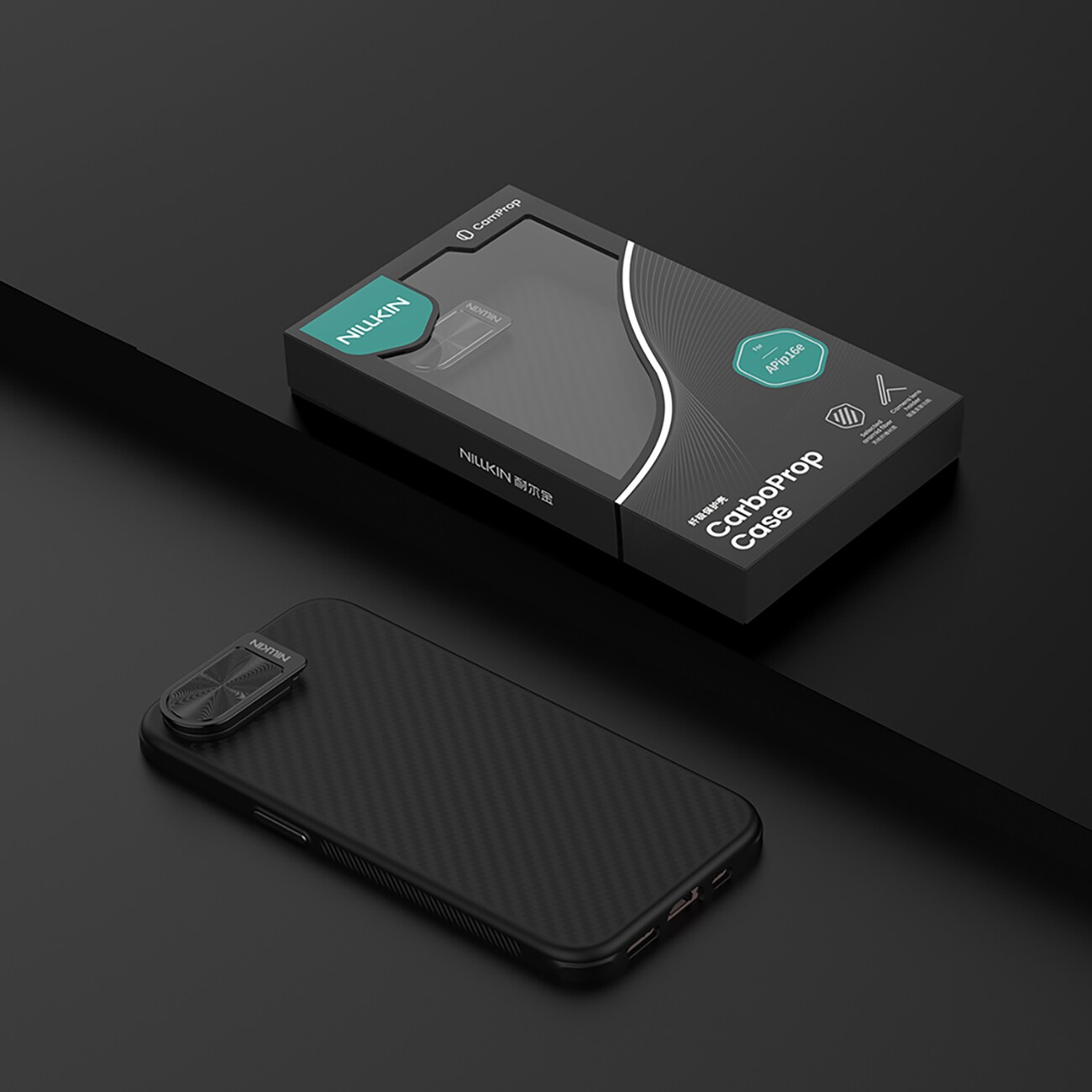 Nillkin CarboProp magnetisk etui med kameradæksel og stativ til iPhone 16e / 17e - Sort