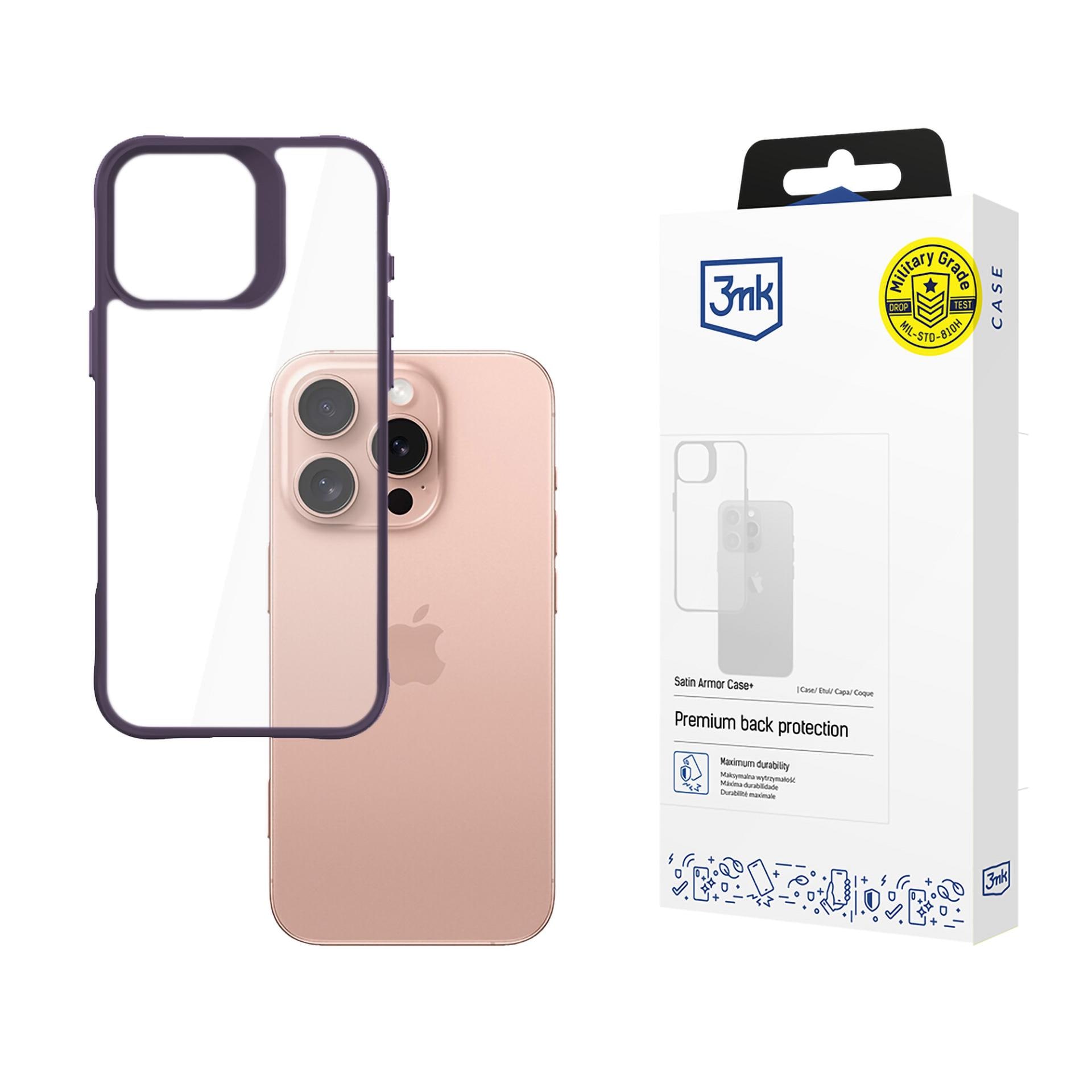 3mk Satin Armor Fodral+ Lila för Apple iPhone 16 Pro - Transparent