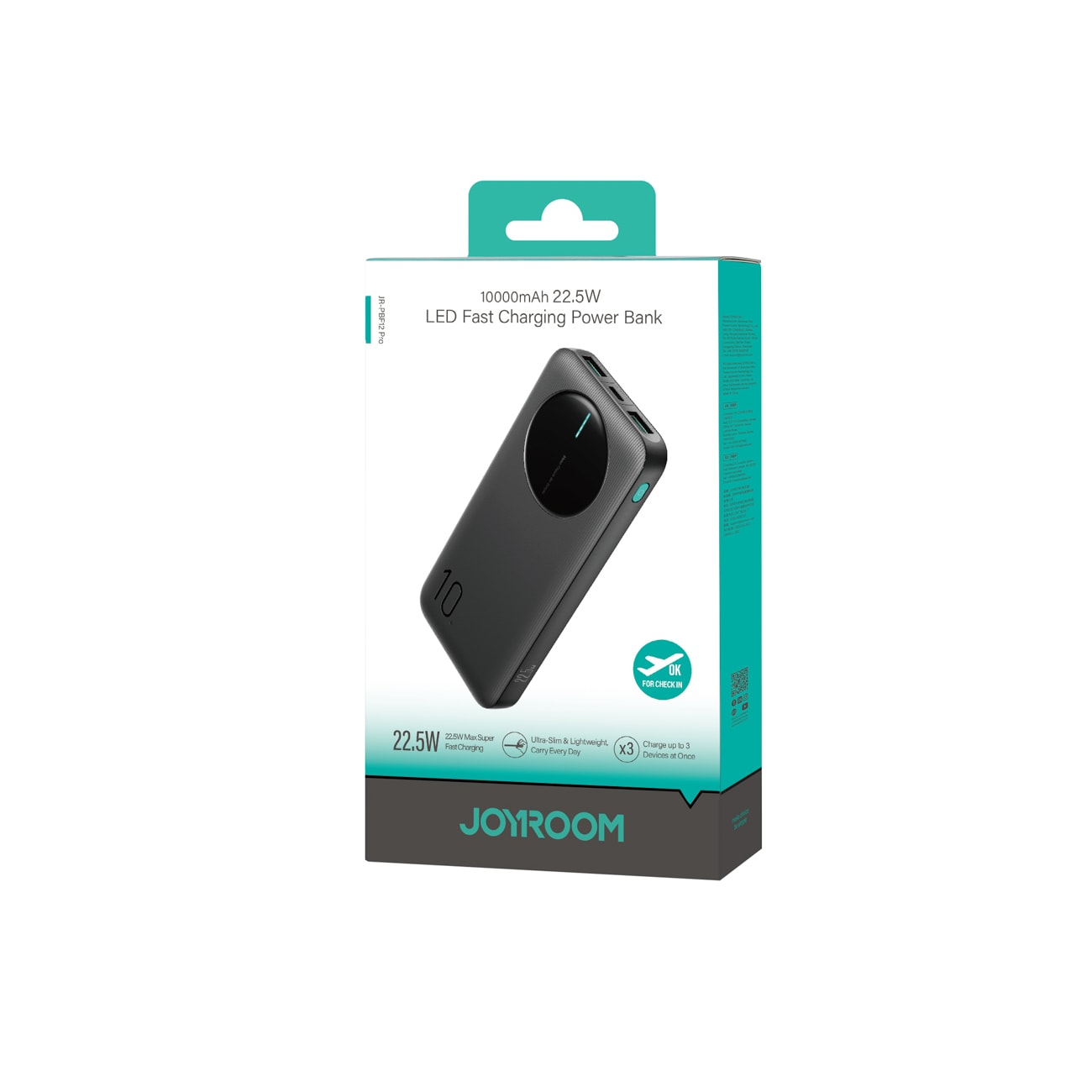 Joyroom JR-PBF12 Pro Powerbank 22,5 W 10000 mAh med digital skjerm 2x USB-A 1x USB-C - Svart