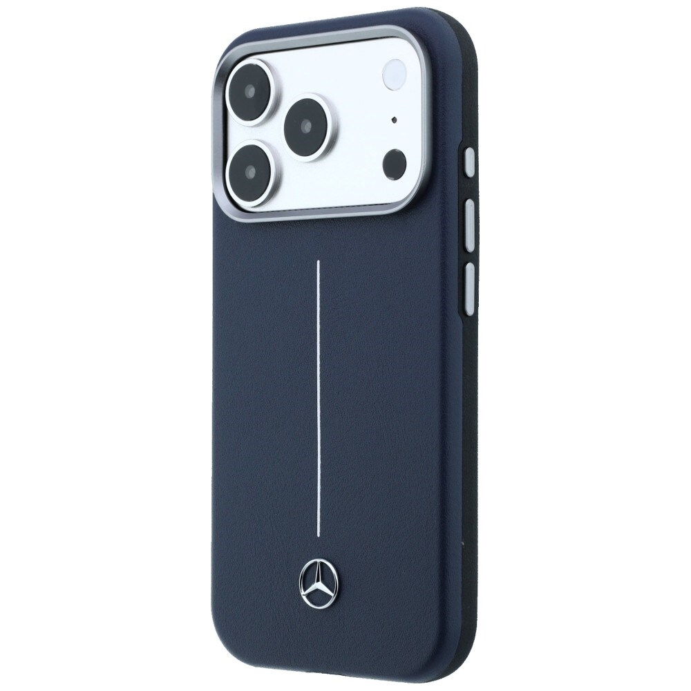 Mercedes läderfodral med halvomslag i Iconic Line med MagSafe för iPhone 17 Pro – marinblått