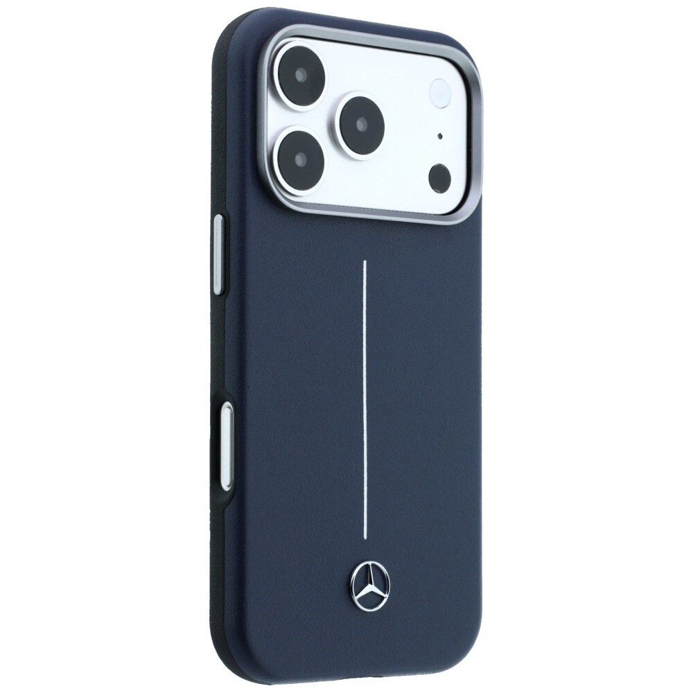 Mercedes läderfodral med halvomslag i Iconic Line med MagSafe för iPhone 17 Pro – marinblått
