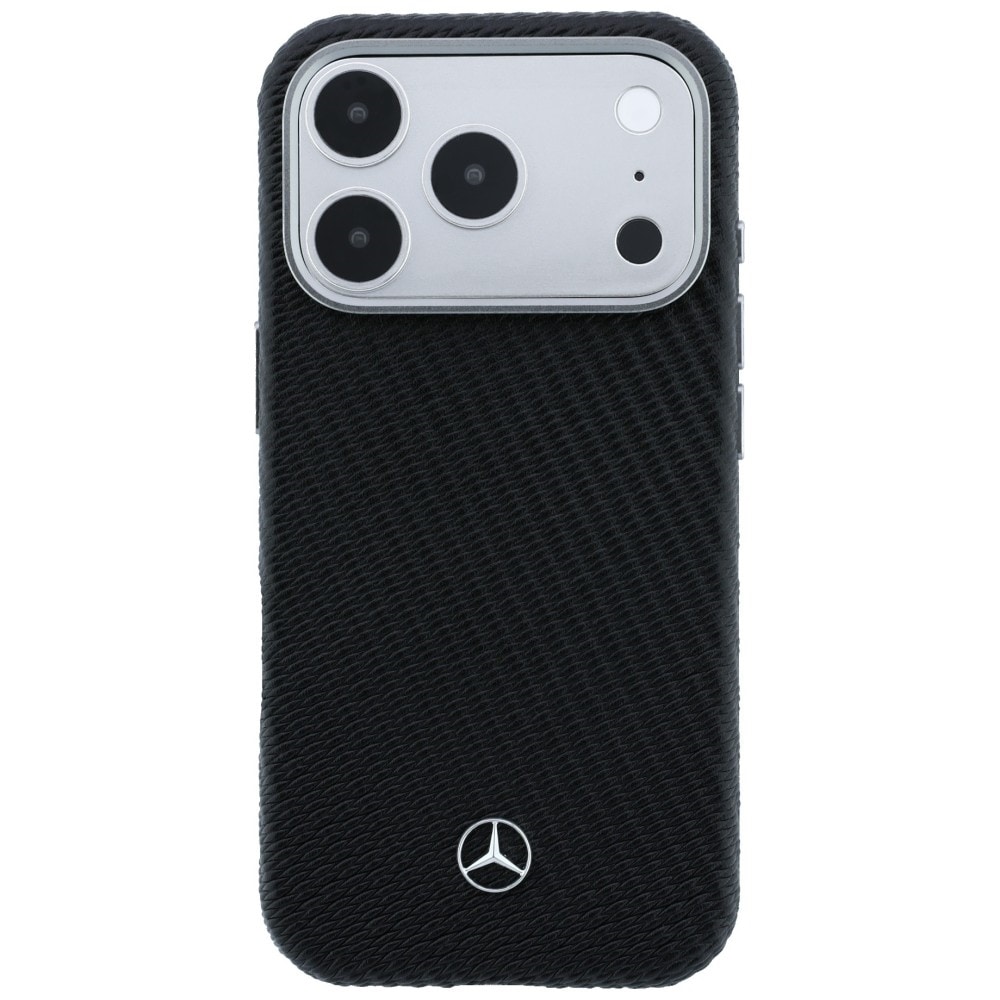 Mercedes læderetui med halvomslutning i trælook og MagSafe til iPhone 17 Pro – Sort