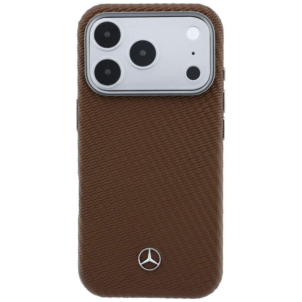 Mercedes MagSafe-fodral i läder med halvomslag och träimitation för iPhone 17 Pro – brunt