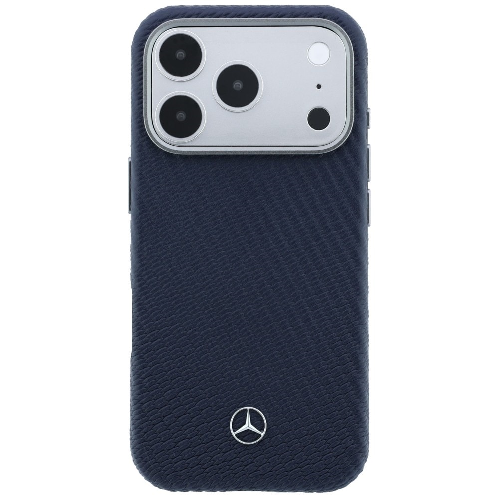 Mercedes læderetui med halvomslag i trælook og MagSafe til iPhone 17 Pro Max – marineblå