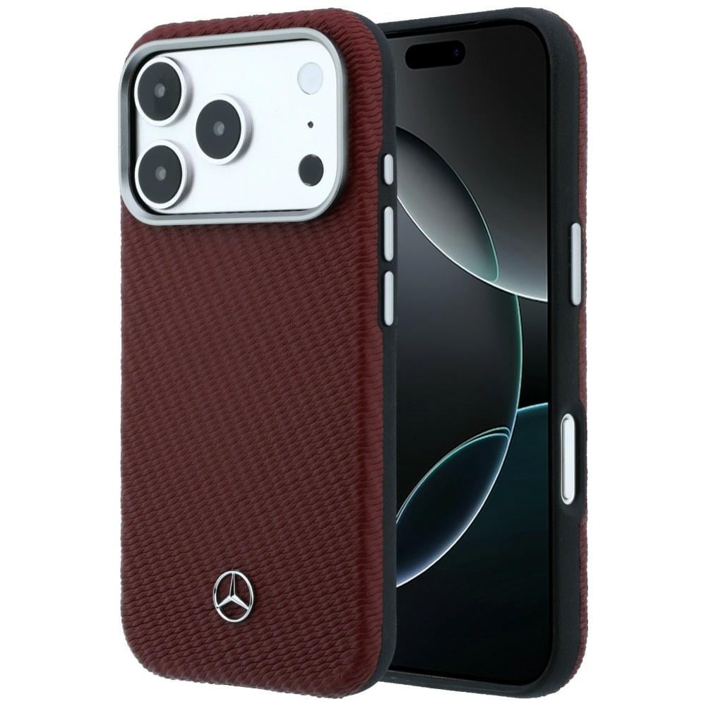 Mercedes läderfodral med halvomslag och träimitation samt MagSafe-funktion för iPhone 17 Pro – rött