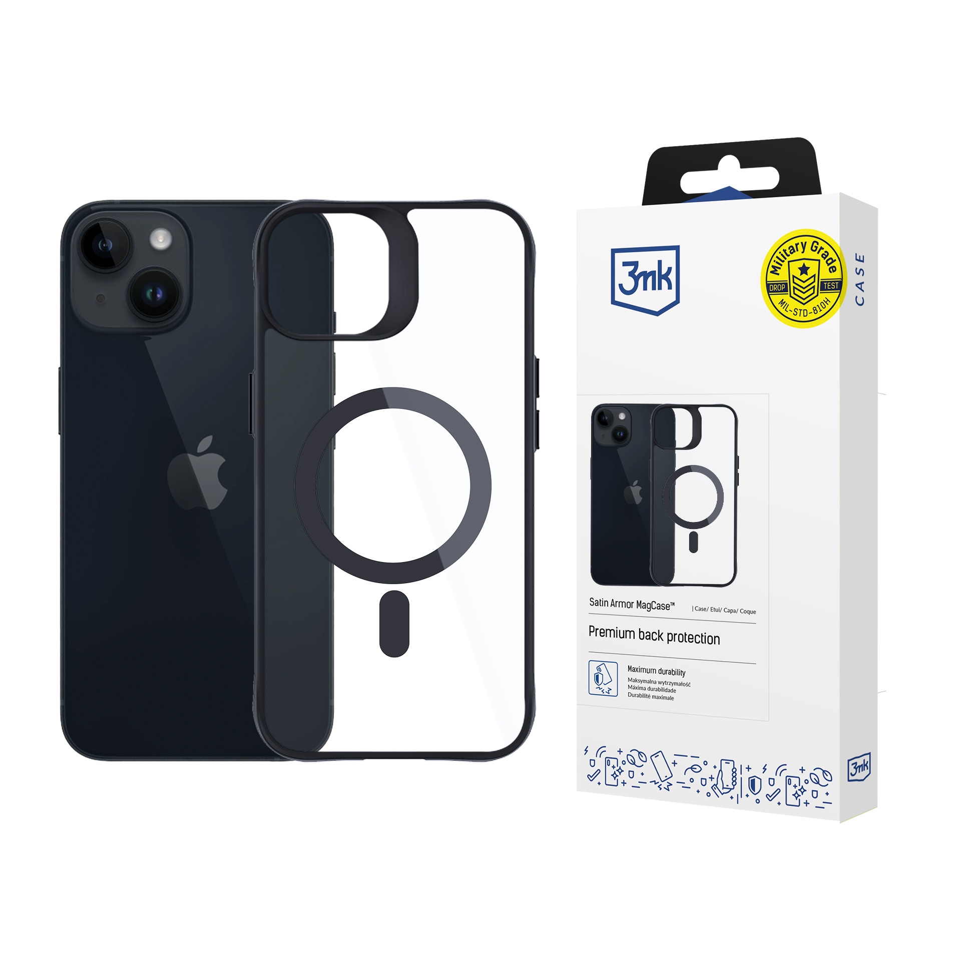 3mk Satin Armor MagCase med MagSafe för iPhone 13 / 14 – Transparent med svart ram