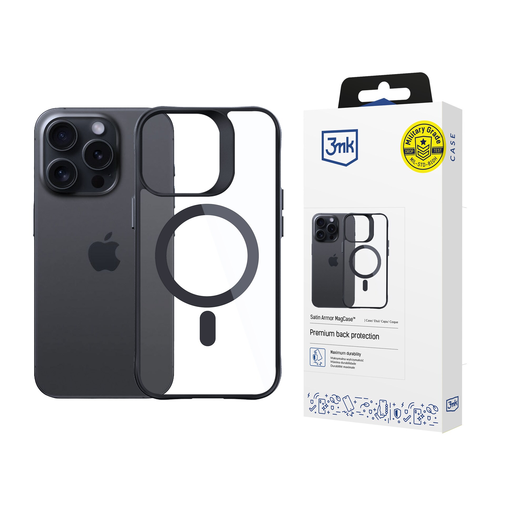 3mk Satin Armor MagCase med MagSafe för iPhone 14 Pro Max – genomskinligt med svart ram