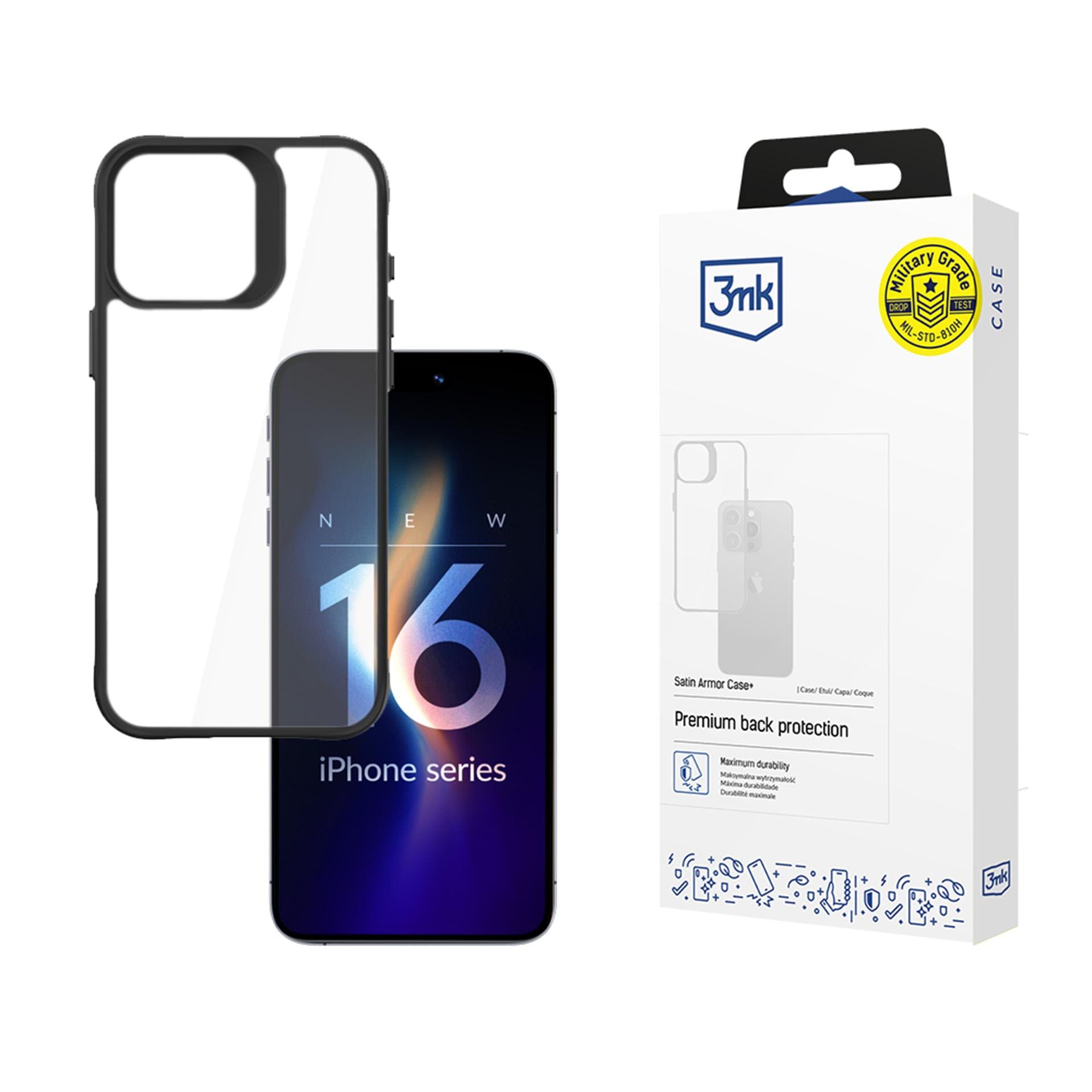 3mk Satin Armor Case+ för iPhone 16 Pro Max – genomskinligt med svart ram