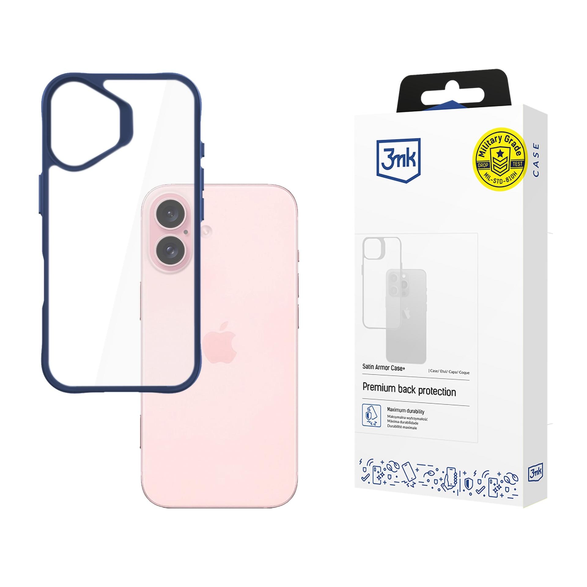 3mk Satin Armor Case+ Blå för Apple iPhone 16 – genomskinligt
