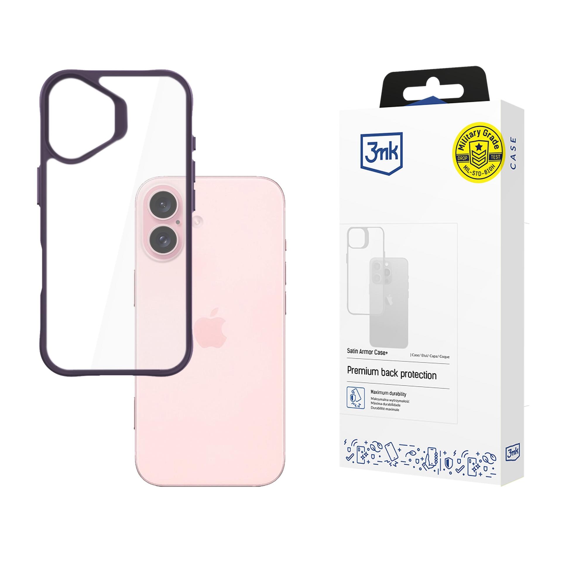 3mk Satin Armor Case+ Lila för Apple iPhone 16 – genomskinligt