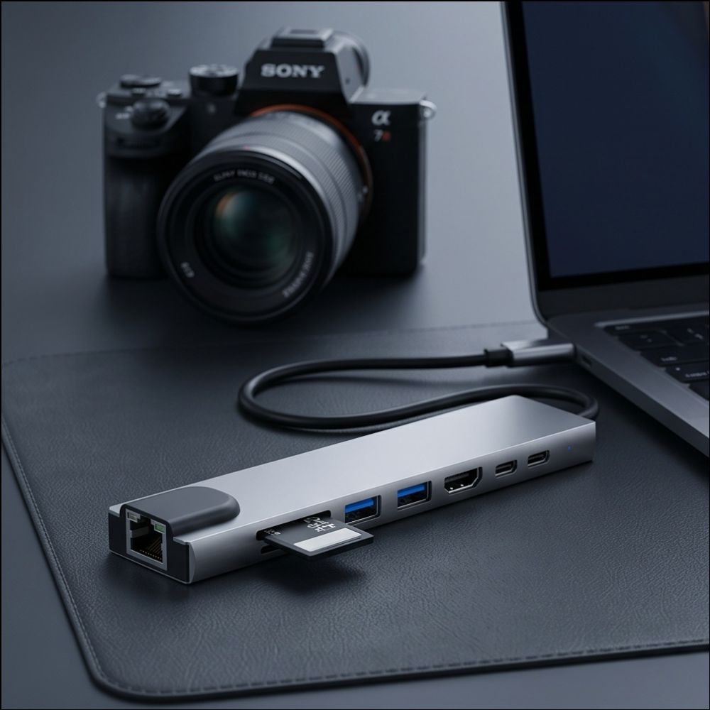 Tech-Protect HB09 USB-hubb 8-i-1: USB-C/USB-A 3.0, HDMI 4K 60Hz, SD/TF, PD 100W, RJ45 – grå