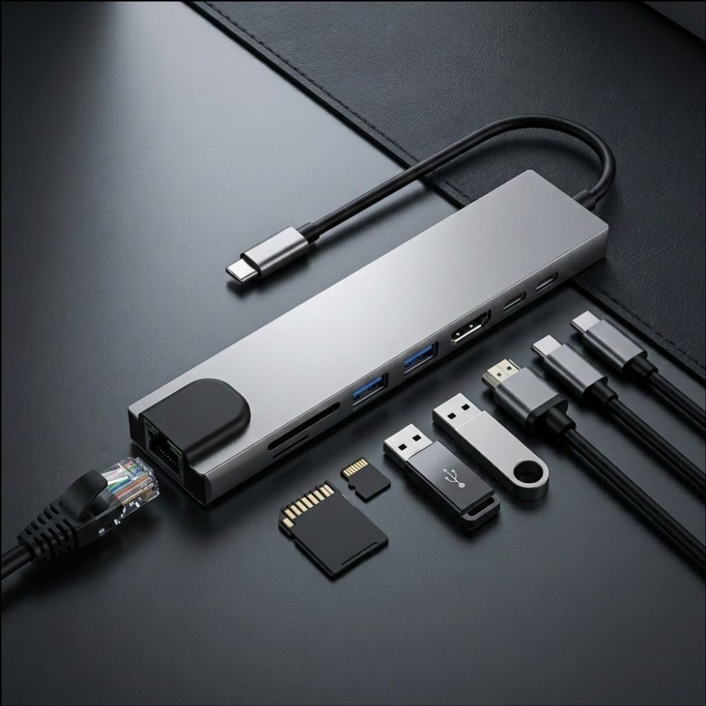 Tech-Protect HB09 USB-hubb 8-i-1: USB-C/USB-A 3.0, HDMI 4K 60Hz, SD/TF, PD 100W, RJ45 – grå