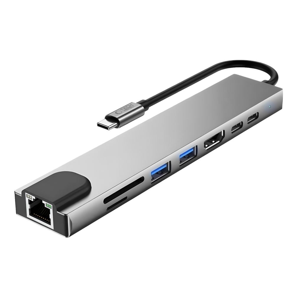 Tech-Protect HB09 USB-hubb 8-i-1: USB-C/USB-A 3.0, HDMI 4K 60Hz, SD/TF, PD 100W, RJ45 – grå