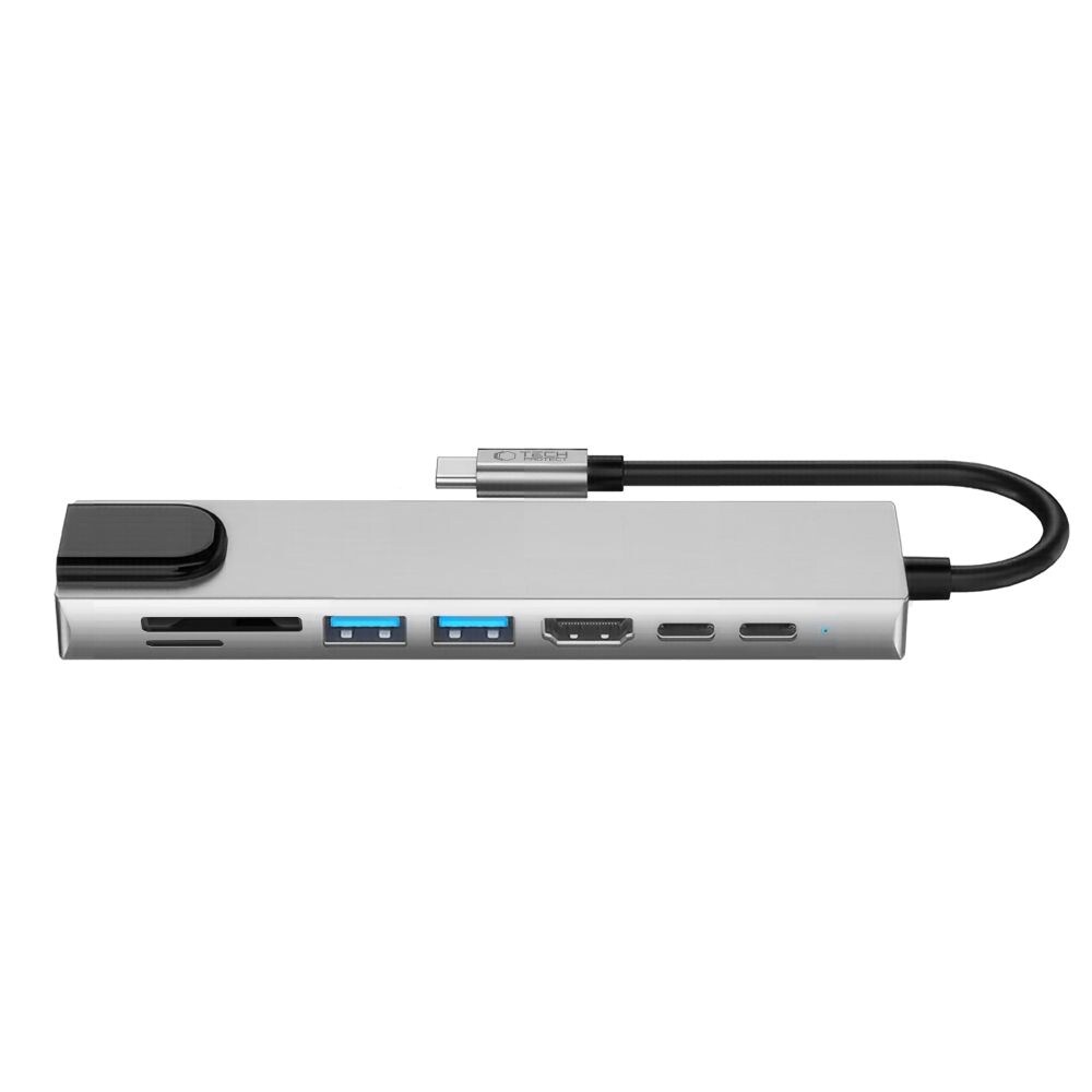 Tech-Protect HB09 USB-hubb 8-i-1: USB-C/USB-A 3.0, HDMI 4K 60Hz, SD/TF, PD 100W, RJ45 – grå