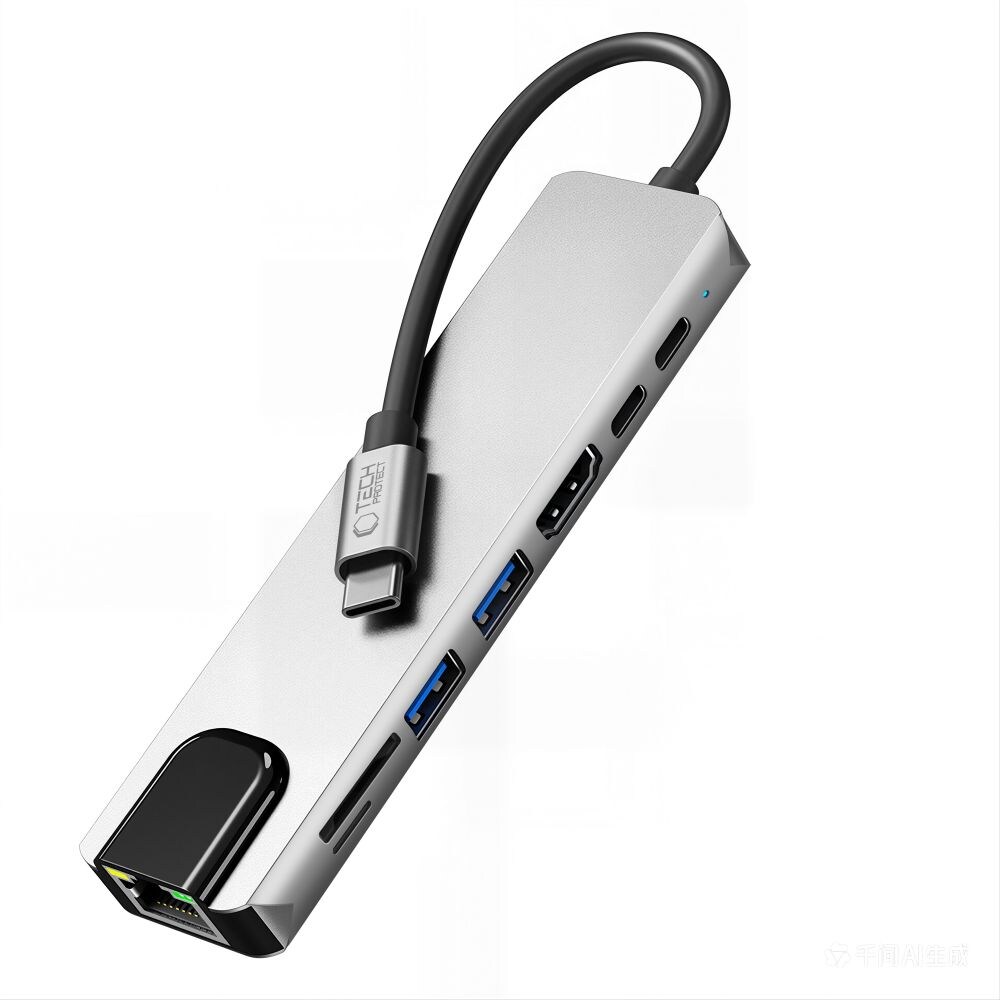 Tech-Protect HB09 USB-hubb 8-i-1: USB-C/USB-A 3.0, HDMI 4K 60Hz, SD/TF, PD 100W, RJ45 – grå