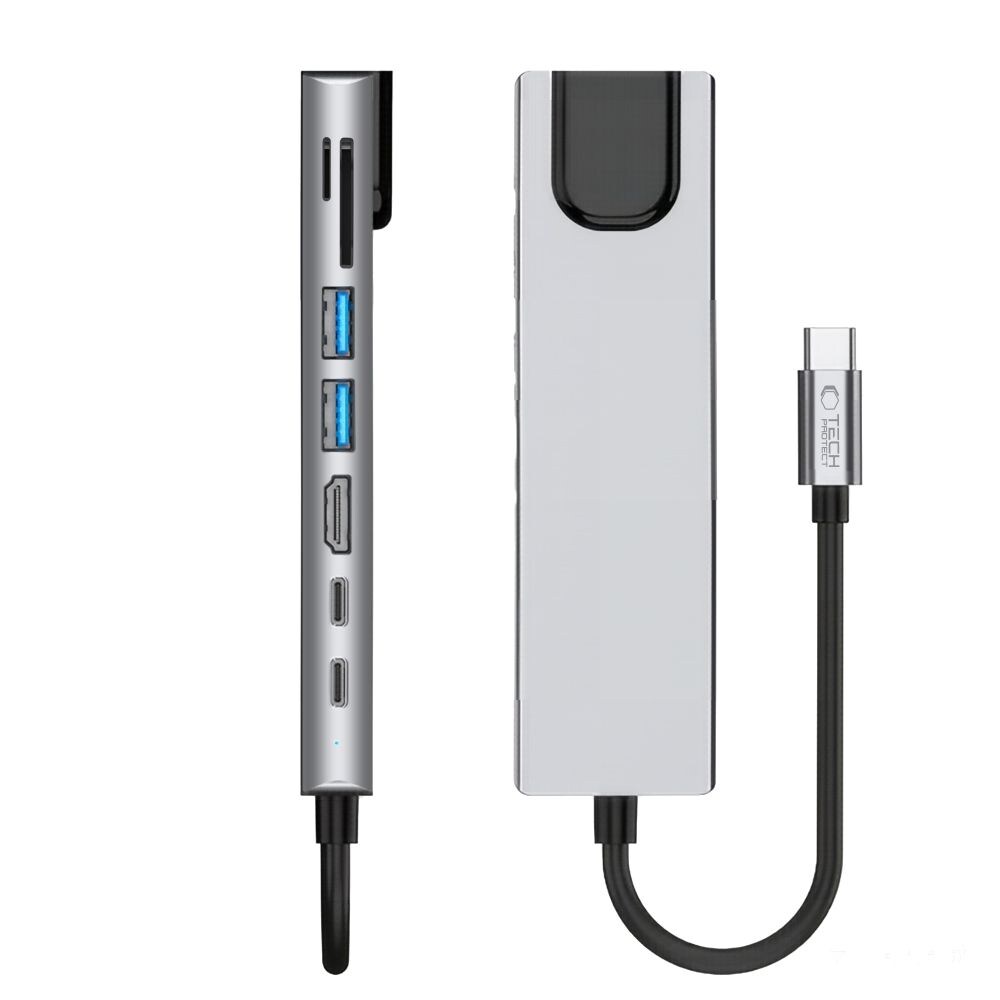 Tech-Protect HB09 USB-hubb 8-i-1: USB-C/USB-A 3.0, HDMI 4K 60Hz, SD/TF, PD 100W, RJ45 – grå