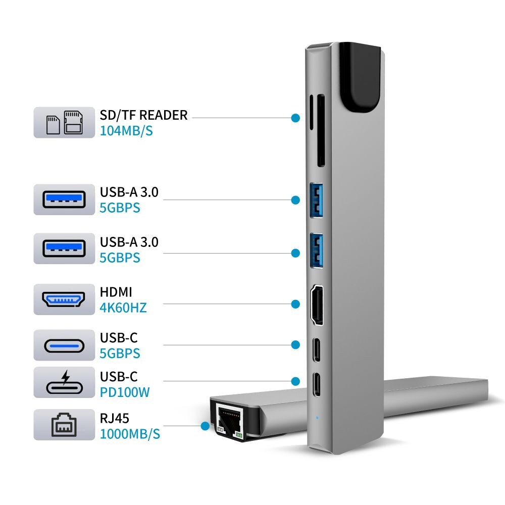 Tech-Protect HB09 USB-hubb 8-i-1: USB-C/USB-A 3.0, HDMI 4K 60Hz, SD/TF, PD 100W, RJ45 – grå