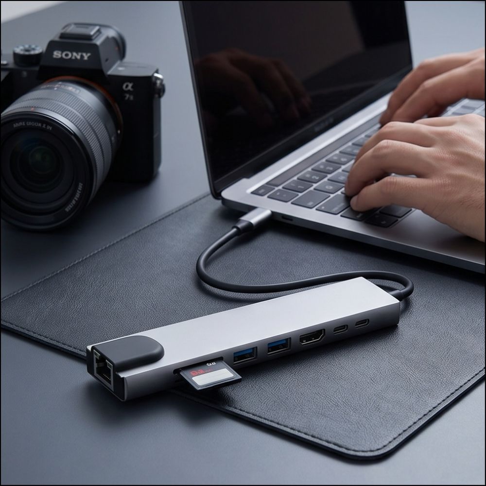 Tech-Protect HB09 USB-hubb 8-i-1: USB-C/USB-A 3.0, HDMI 4K 60Hz, SD/TF, PD 100W, RJ45 – grå