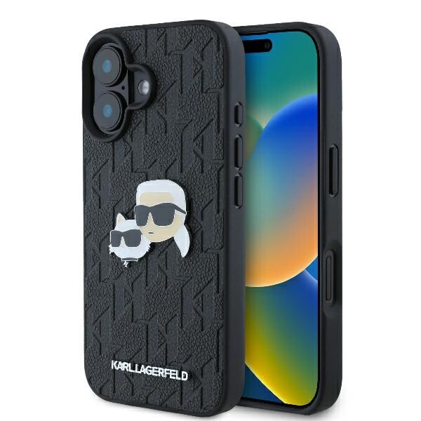 Karl Lagerfeld Monogram Karl & Choupette iPhone 16-fodral med nål – Svart