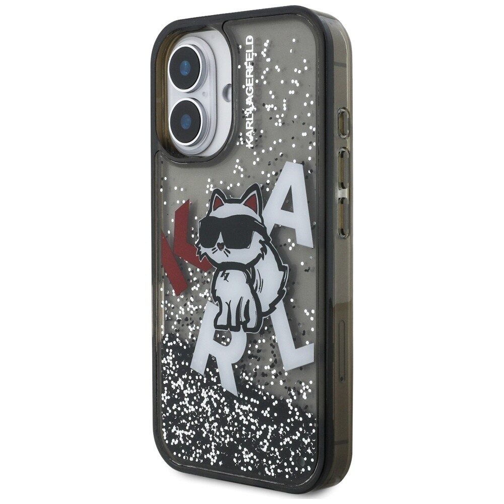 Karl Lagerfeld iPhone 16-etui med flydende glitter og Choupette-logo – sort
