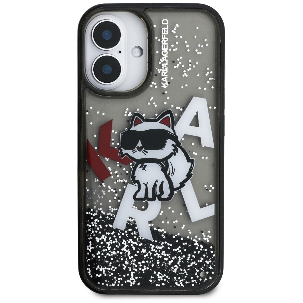 Karl Lagerfeld iPhone 16-etui med flydende glitter og Choupette-logo – sort