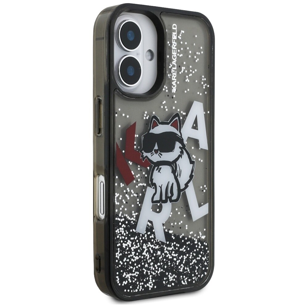 Karl Lagerfeld iPhone 16-etui med flydende glitter og Choupette-logo – sort