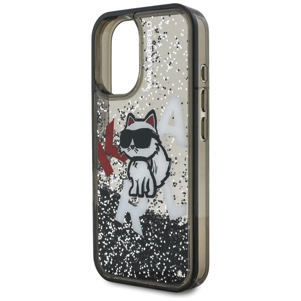 Karl Lagerfeld iPhone 16-etui med flydende glitter og Choupette-logo – sort