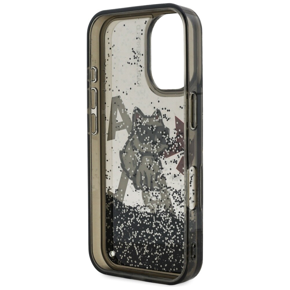 Karl Lagerfeld iPhone 16-etui med flydende glitter og Choupette-logo – sort