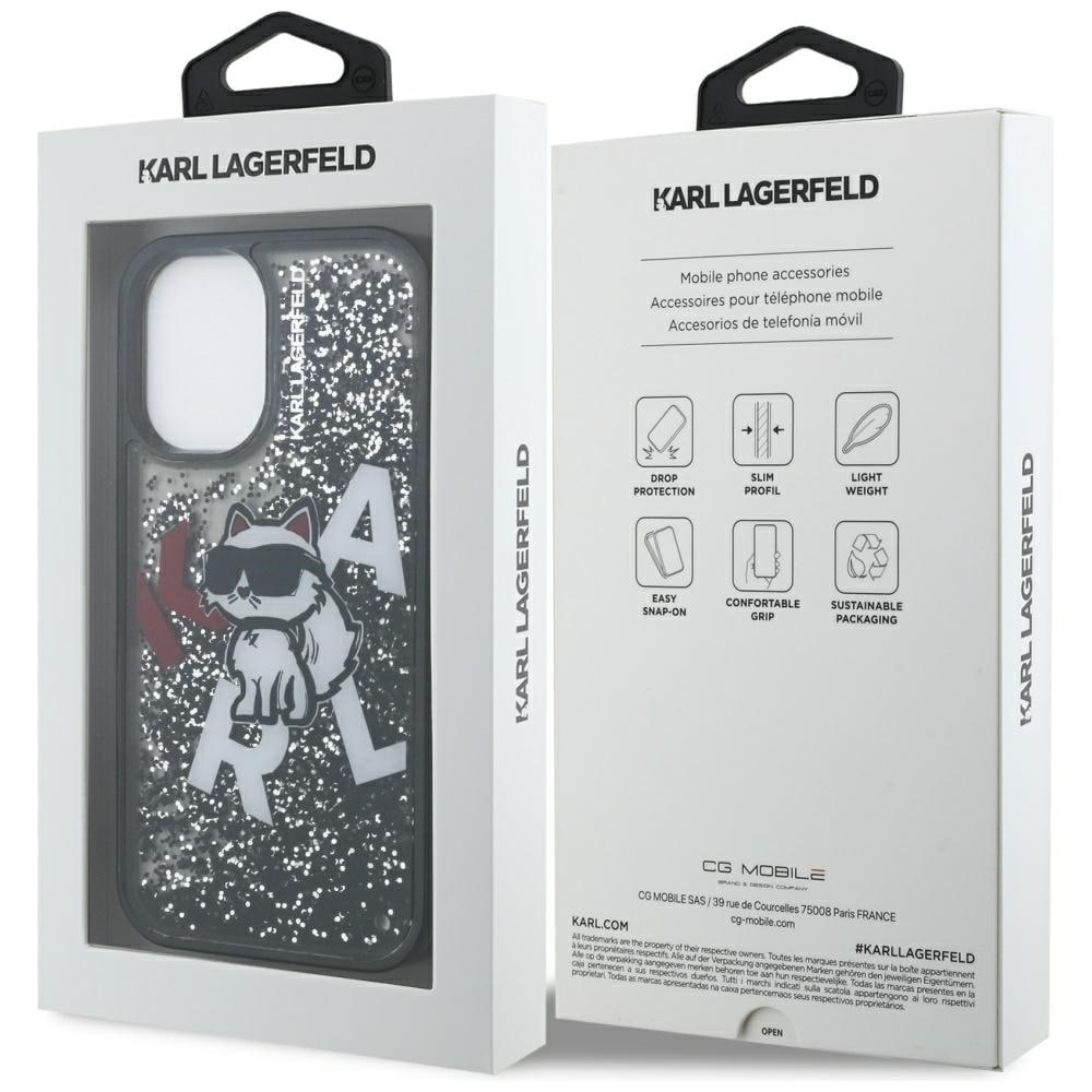 Karl Lagerfeld iPhone 16-etui med flydende glitter og Choupette-logo – sort