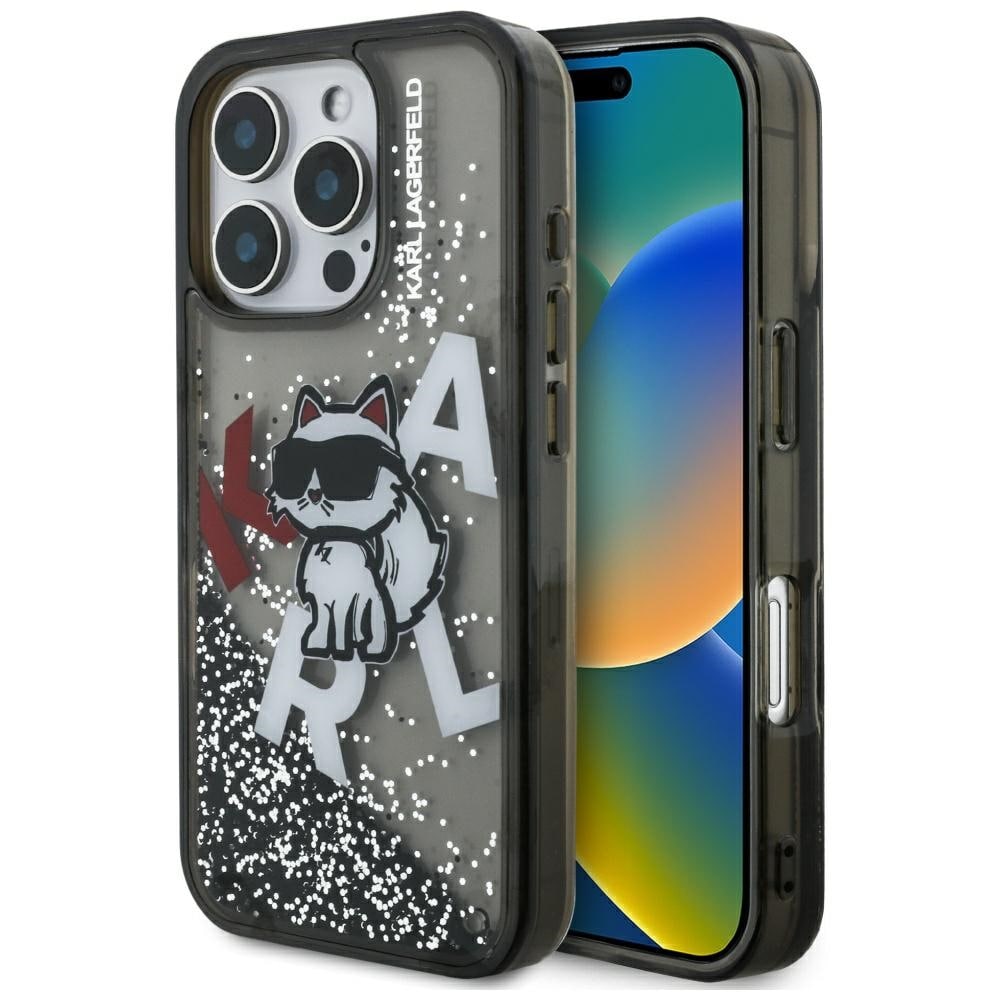 Karl Lagerfeld – iPhone 16 Pro-fodral med Choupette-logotyp och flytande glitter – Svart