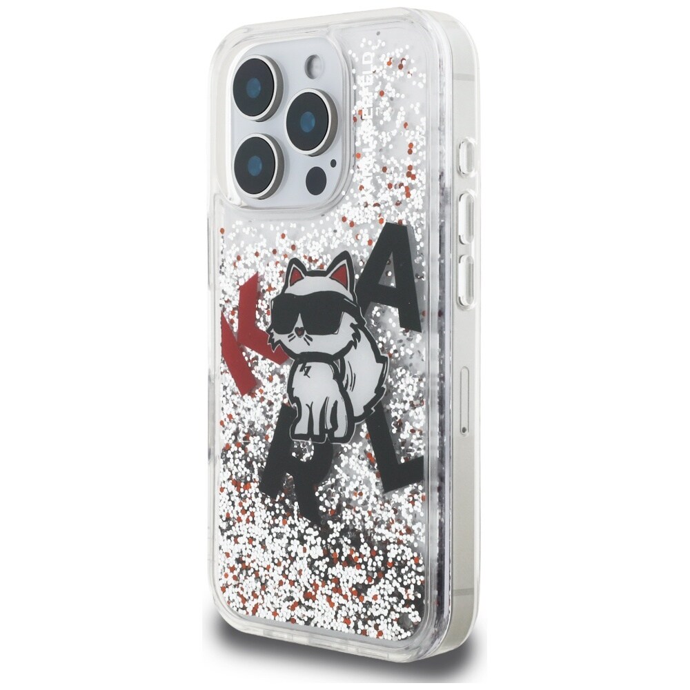 Karl Lagerfeld Liquid Glitter Choupette Logo-etui til iPhone 16 Pro – gennemsigtigt