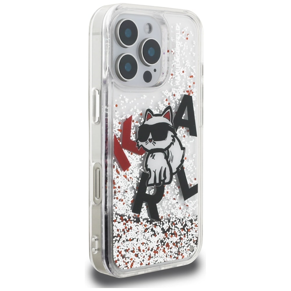 Karl Lagerfeld Liquid Glitter Choupette Logo-etui til iPhone 16 Pro Max – gennemsigtigt