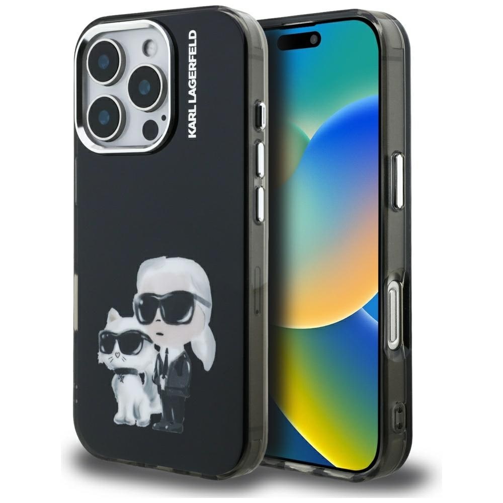 Karl Lagerfeld IML Aquarelle Karl & Choupette & Logo iPhone 16 Pro-skal, svart