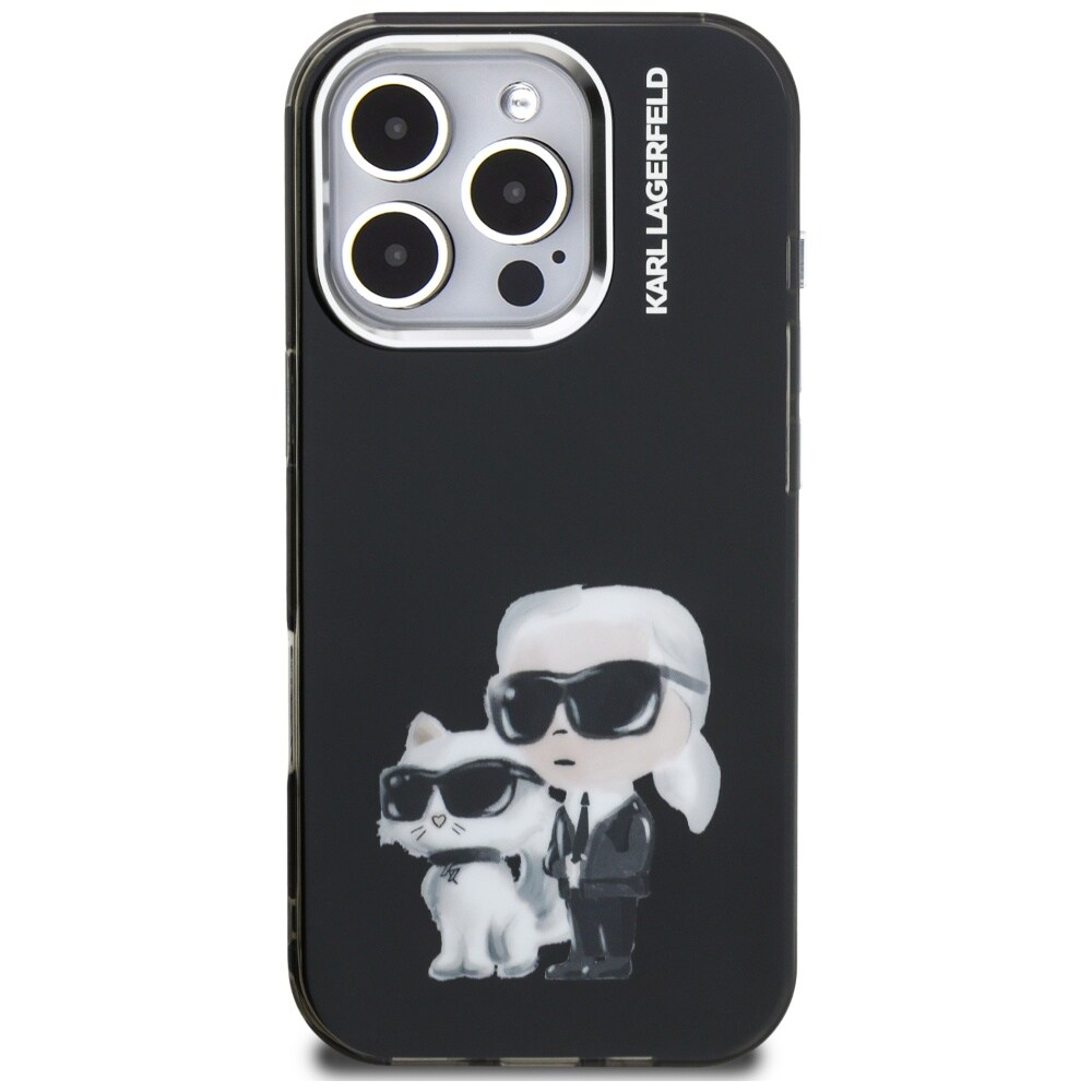 Karl Lagerfeld IML Aquarelle Karl & Choupette & Logo-etui til iPhone 16 Pro Max – Sort