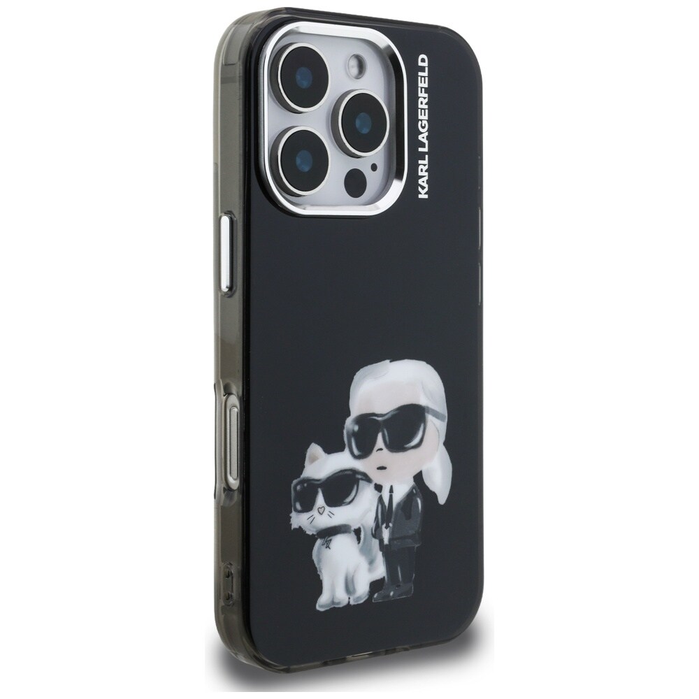 Karl Lagerfeld IML Aquarelle Karl & Choupette & Logo-etui til iPhone 16 Pro Max – Sort