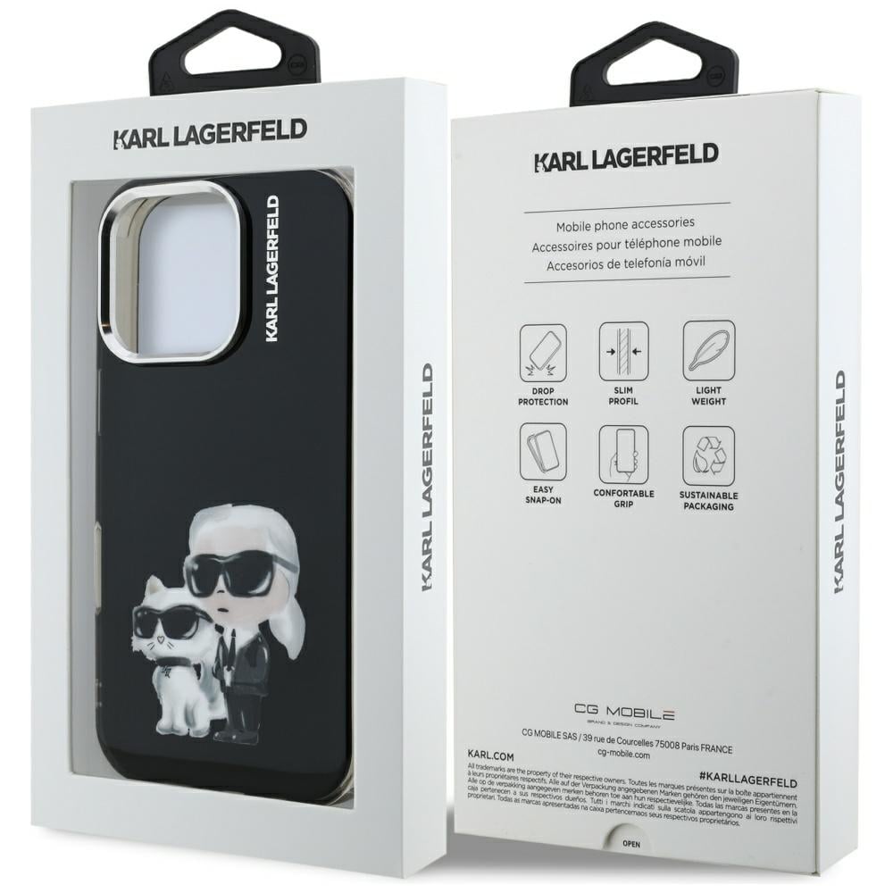 Karl Lagerfeld IML Aquarelle Karl & Choupette & Logo-etui til iPhone 16 Pro Max – Sort