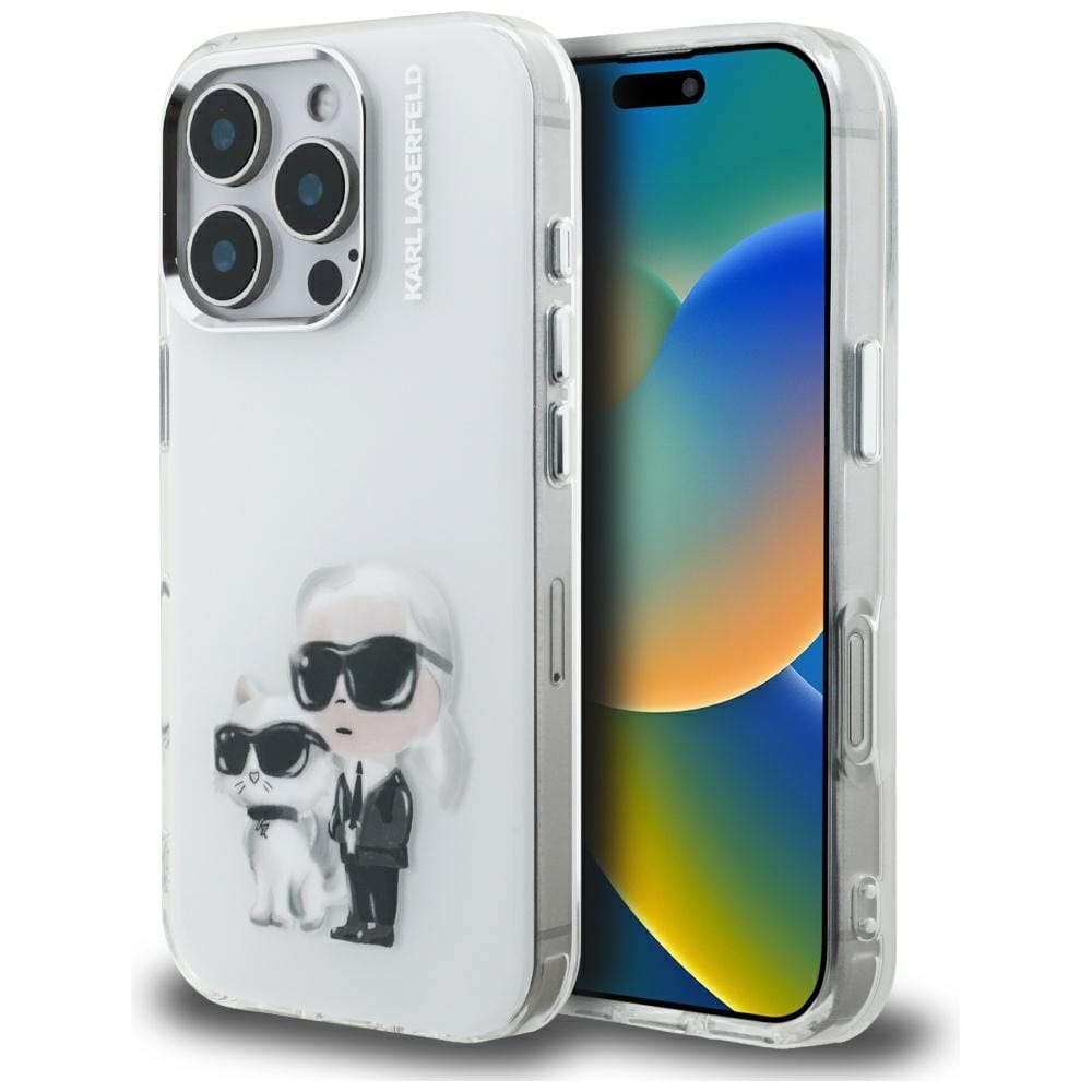 Karl Lagerfeld IML Aquarelle Karl & Choupette & Logo-fodral för iPhone 16 Pro Max – Vitt