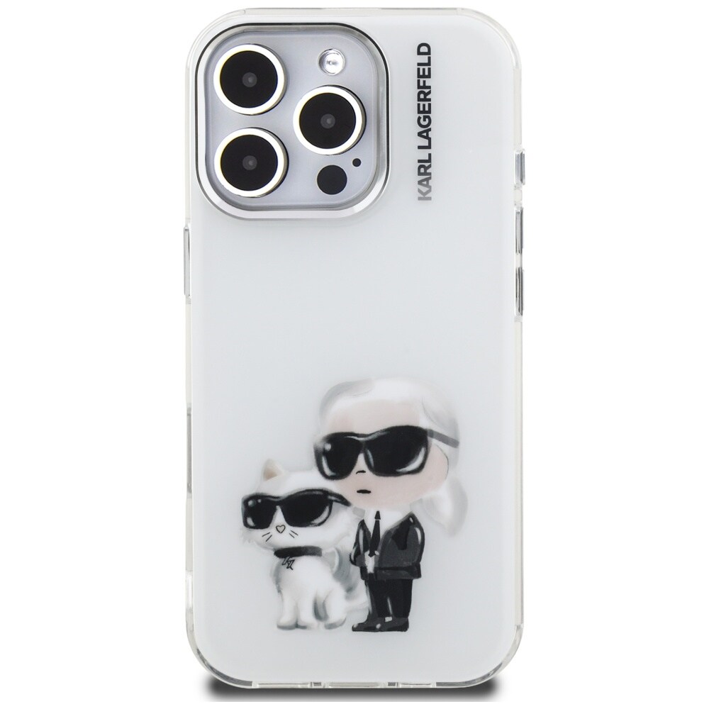 Karl Lagerfeld IML Aquarelle Karl & Choupette & Logo-etui til iPhone 16 Pro Max – hvid