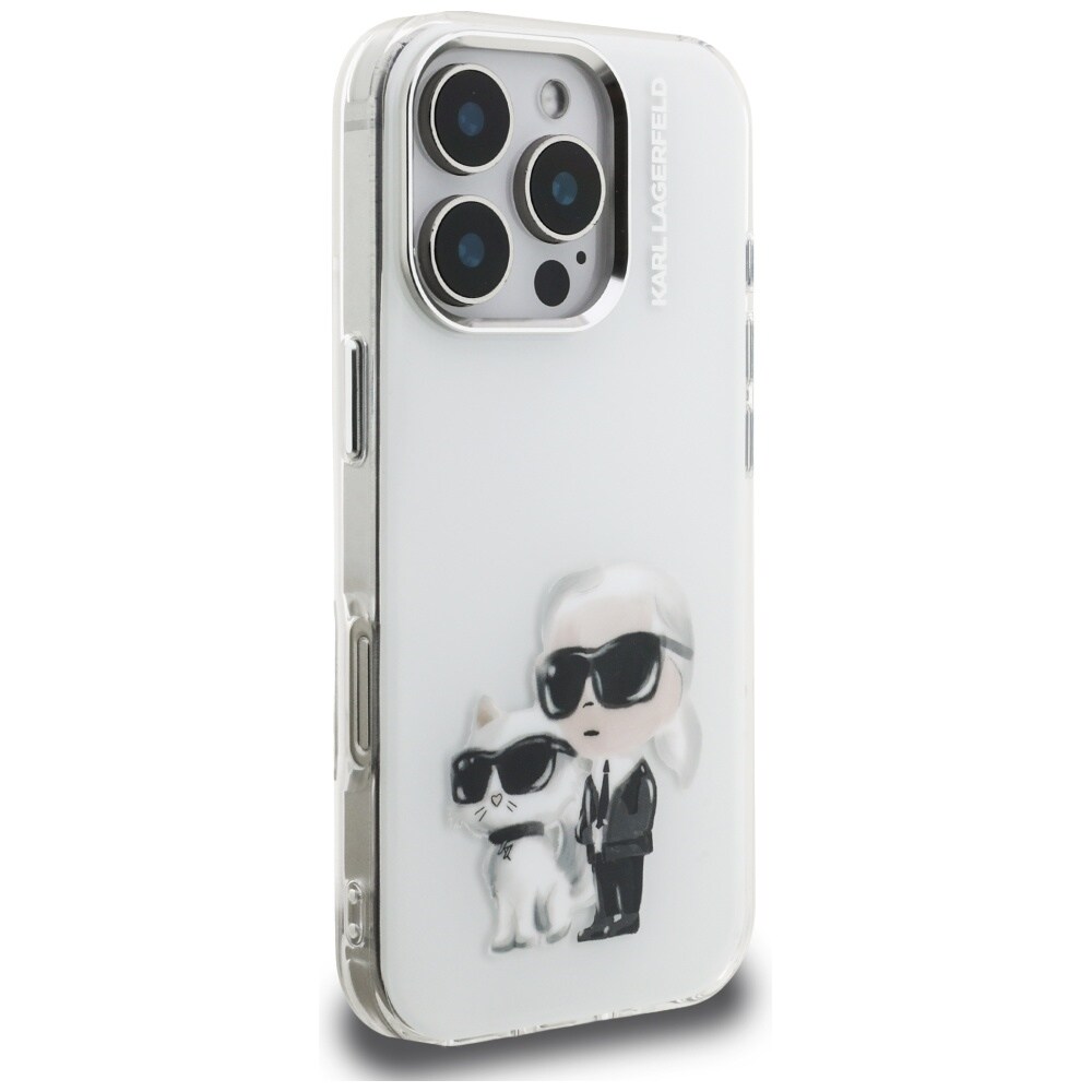 Karl Lagerfeld IML Aquarelle Karl & Choupette & Logo-etui til iPhone 16 Pro Max – hvid