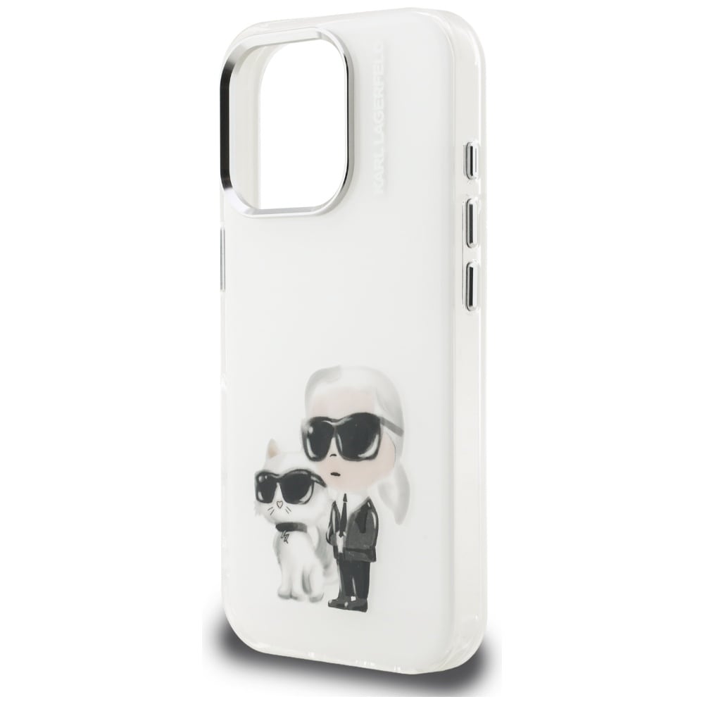 Karl Lagerfeld IML Aquarelle Karl & Choupette & Logo-etui til iPhone 16 Pro Max – hvid