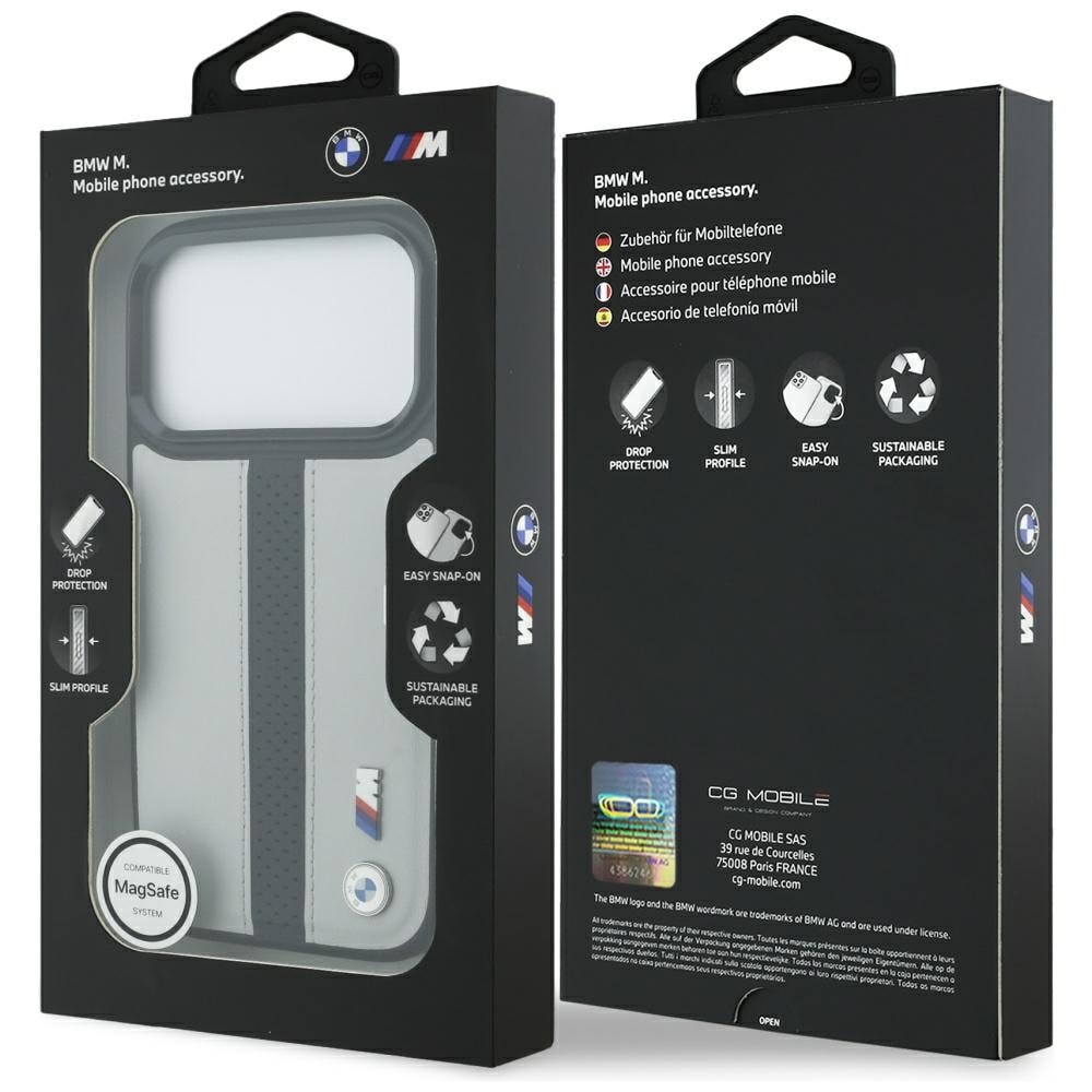 BMW M MagSafe-etui med perforeret stribe-logo til iPhone 17 Pro – grå