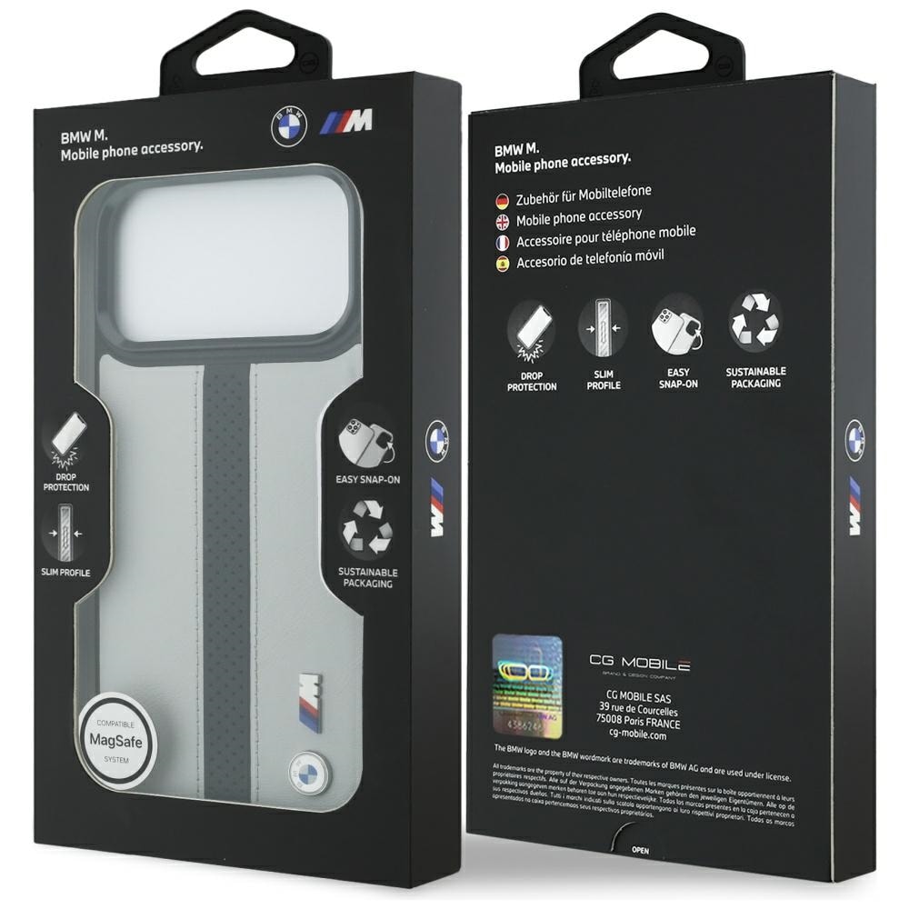 BMW M MagSafe-etui med perforeret stribe-logo til iPhone 17 Pro Max – grå