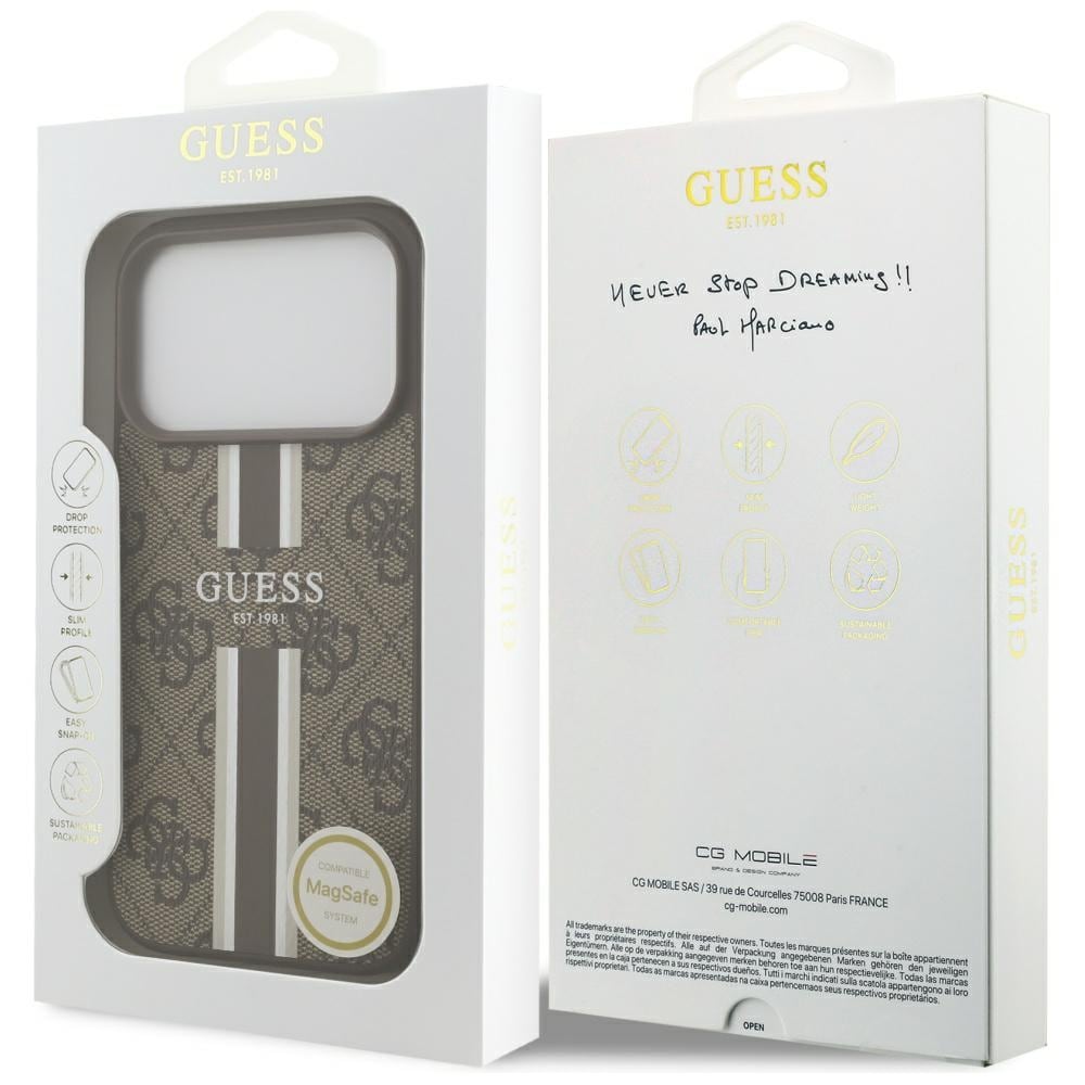 Guess 4G MagSafe-etui med trykte striber til iPhone 17 Pro – brun