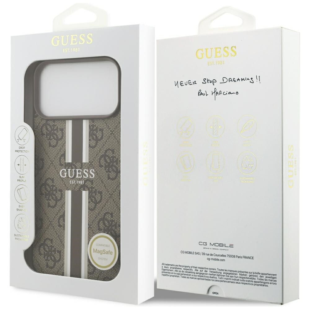 Guess 4G MagSafe-etui med trykte striber til iPhone 17 Pro Max – brun