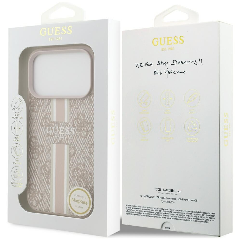 Guess 4G MagSafe-etui med trykte striber til iPhone 17 Pro – lyserød